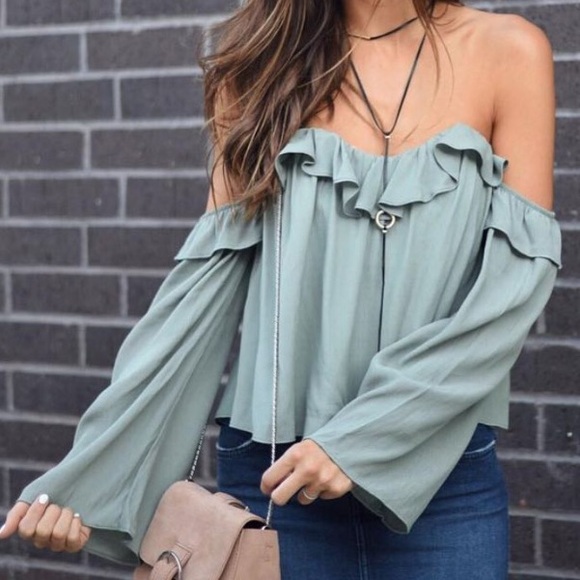 4SIENNA Sage Green Ruffle Off The Shoulder Long Sleeve Crop Top - Picture 2 of 10